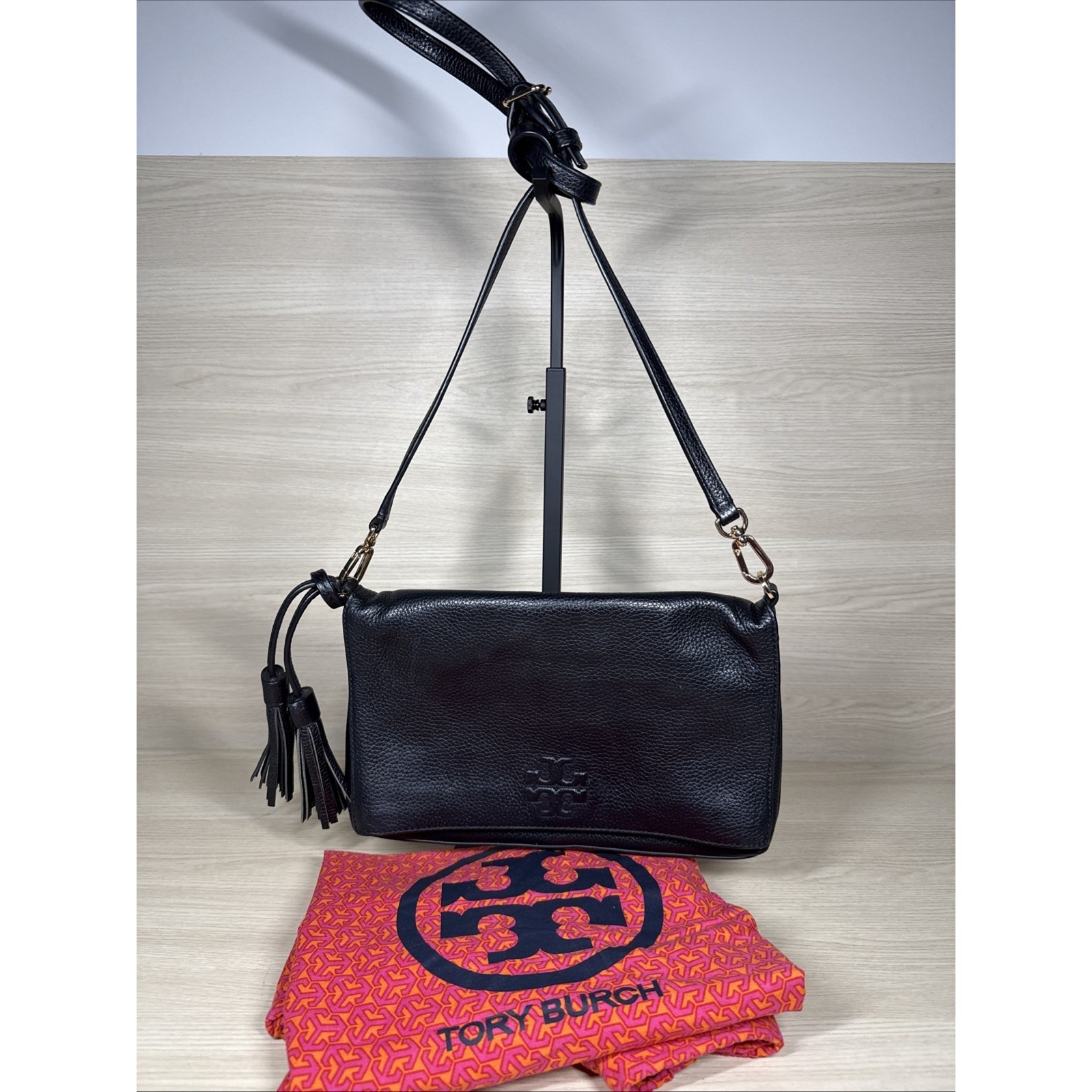 Tory Burch Thea Black Leather Fold Over Purse Crossbody Bag Tassels Adjustable